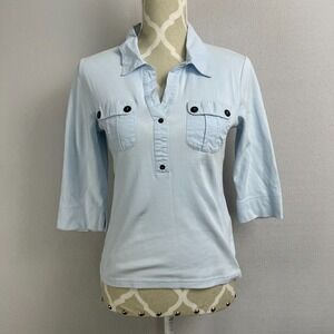 SAINT JAMES Oleron Pale Blue Polo Top Sz‎ 8 US Cotton Pockets Collar 3/4 Sleeve